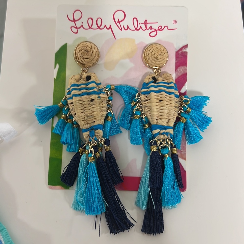 Lilly Pulitzer Fishy Kisd Raffia Silk Earrings w/ (2) bags